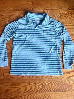 Hanna Andersson Long-Sleeve Striped Polo - Sky Blue, Navy & Green